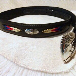 Tony Lama Western Belt 30 Black Leather Embroidered Concho Buckle Cowgirl Aztec